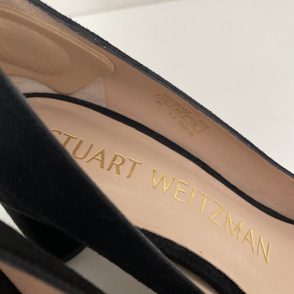 Stuart Weitzman Amatta Black Suede Pump 2" Block Heel Almond Toe 6 - Picture 3 of 11
